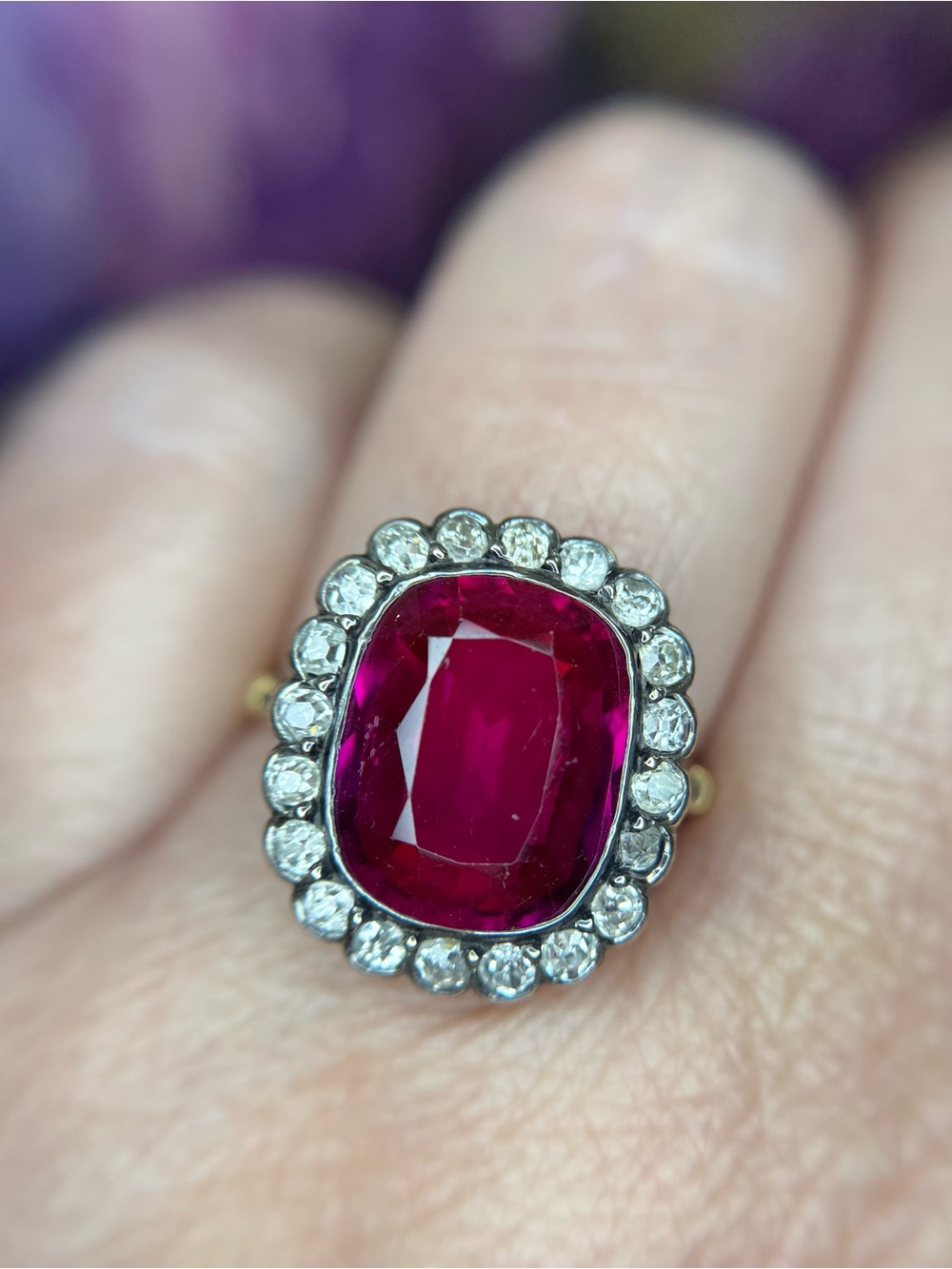 Antique Edwardian 18k Yellow Gold Silver Topped Ruby Diamond Ring - Picture 11 of 11